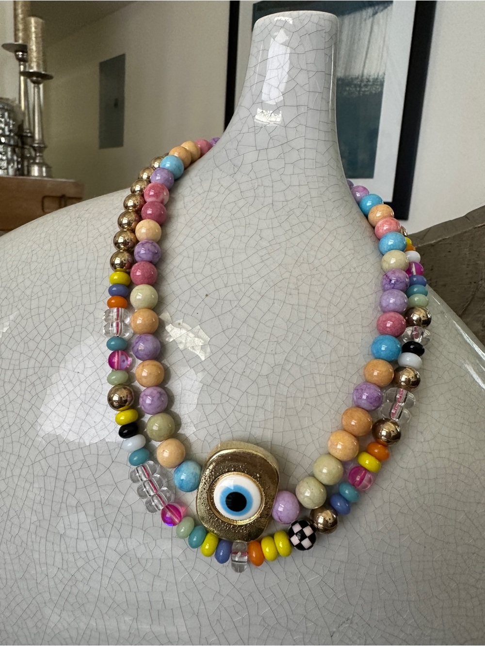 Handmade Multicolor Beaded Necklace with Gold Eye Pendant